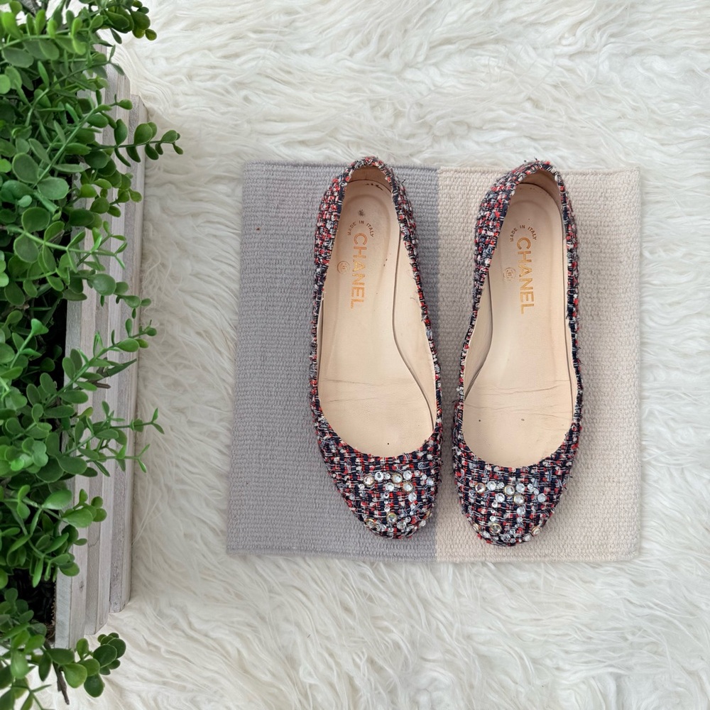 Chanel Tweed and Studded Red White Blue Ballet Flats